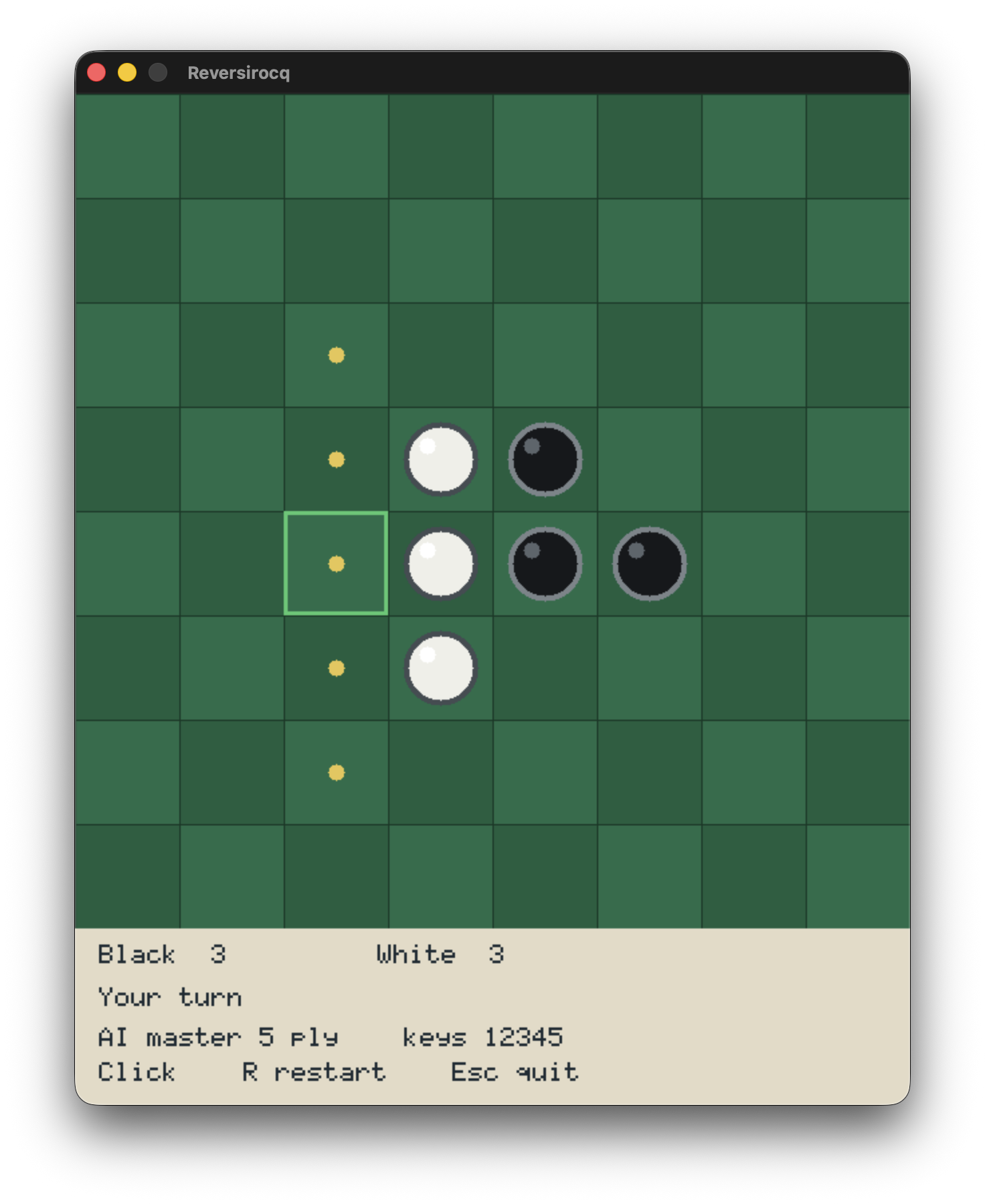 A Reversirocq board at the start of a game