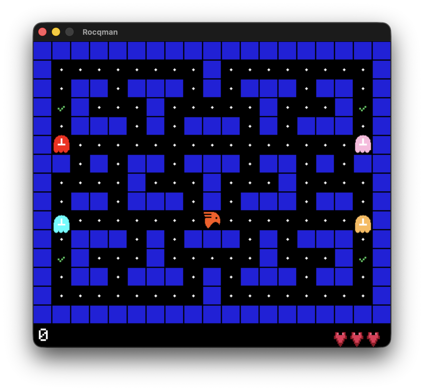 Rocqman maze with the player and four ghosts